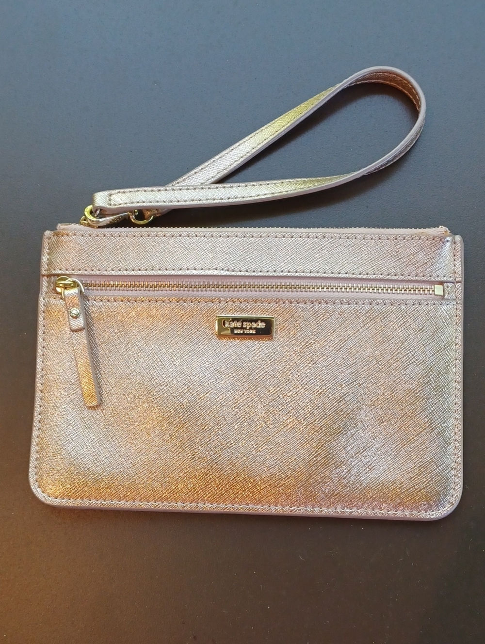 KATE SPADE Metallic Rose Gold Wristlet Clutch with Front Zip Pocket